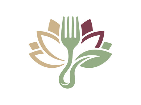 Vegetarian restaurant lotus fork logo, organic food icon with green leaf and cutlery, healthy eating wellness brand identity vector