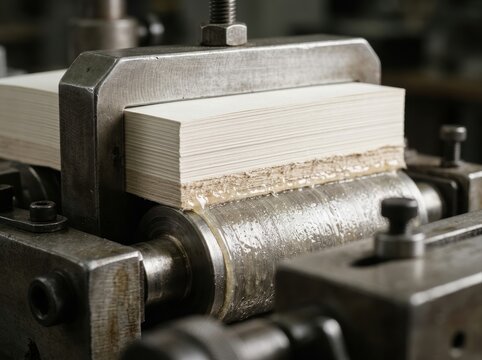 perfect binding glue roller Close-up of industrial paper cutting machine trimming a large paper stack