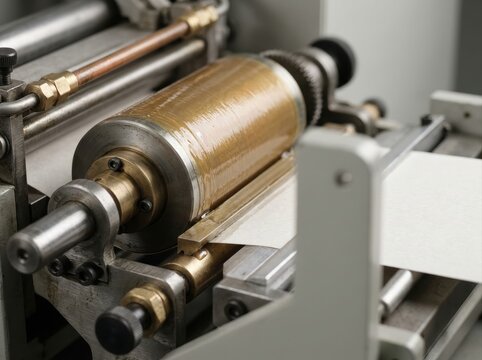 perfect binding glue roller Close-up of a metallic roller mechanism in an industrial machine.
