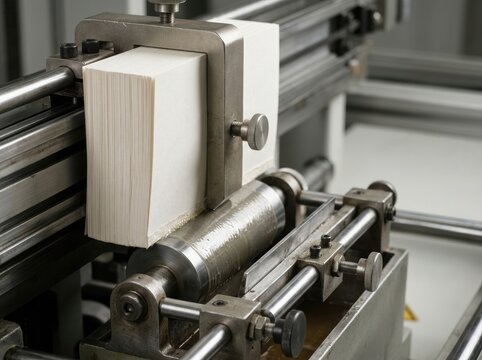 perfect binding glue roller Close-up of an industrial printing press producing a stack of printed pages