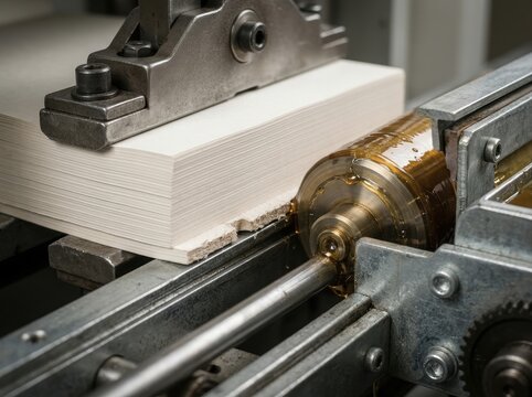 perfect binding glue roller Industrial machine processing a stack of paper sheets in a factory setting
