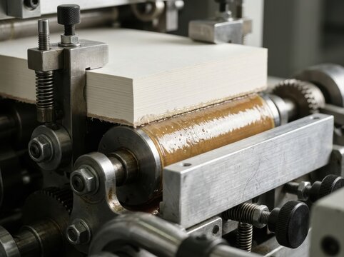 perfect binding glue roller Printing press machine producing paper sheets in an industrial setting