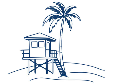 Tropical beach lifeguard hut with coconut palm tree line art vector illustration summer coast landscape coloring page design