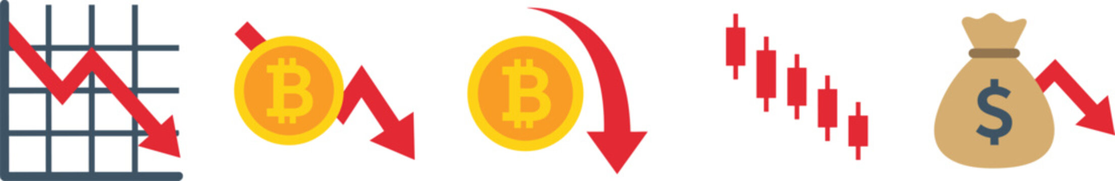 Cryptocurrency Market Crash and Financial Loss Icon Set with Declining Bitcoin Values, Bearish Candlestick Charts, and Dropping Dollar Money Bags for Web Graphic Designs