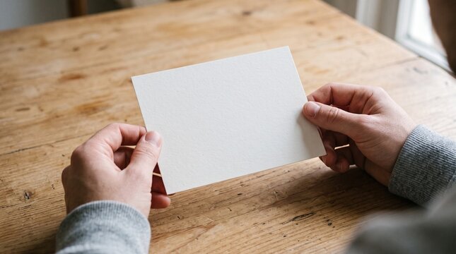 Person holding a blank card on a wooden table, ready for writing a message or note