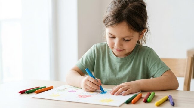 Little girl drawing with colorful crayons on paper. Child engaging in creative art activities at a table