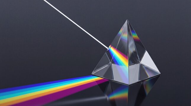 Glass triangular prism refracting white light into a spectrum of rainbow colors on a dark reflective surface, science education, optics concept