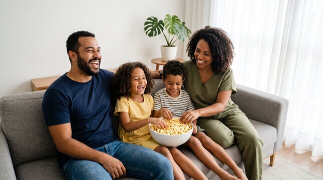 Joyful family shares popcorn on couch celebrating National Popcorn Day with laughter and togetherness