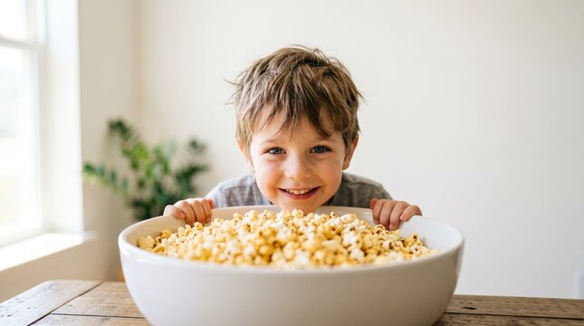 Joyful young boy peeking over a large bowl overflowing with popcorn, celebrating National Popcorn Day