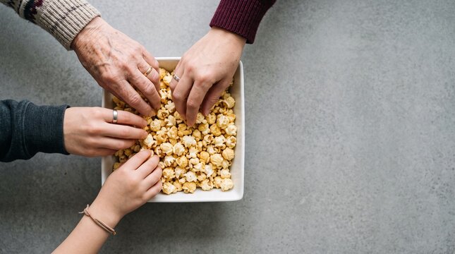 Family hands reaching into a bowl of popcorn celebrating National Popcorn Day with joy and togetherness