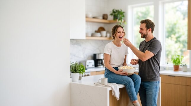 Happy couple sharing popcorn and laughing together in a modern kitchen celebrating National Popcorn Day