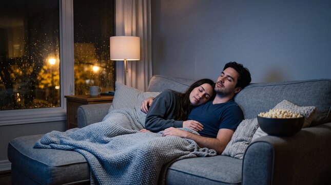 Couple sleeping on couch with popcorn on National Popcorn Day, cozy evening indoors