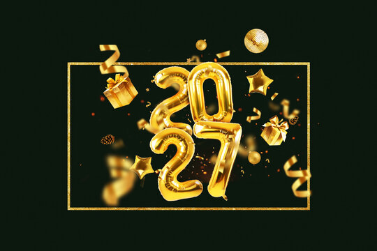 Happy New Year 2027 party background with golden foil number balloons in a frame, gifts, disco ball, stars, confetti, and serpentine on black. Festive holiday celebration concept banner.
