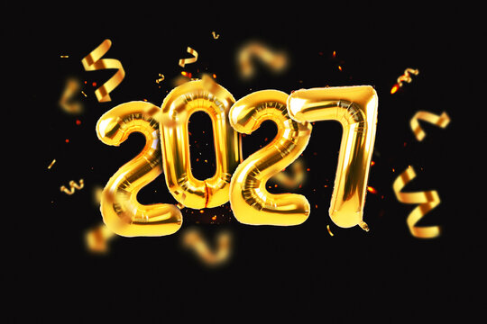 Happy New Year 2027 concept with golden foil number balloons, flying serpentine, and glitter sparks against a black background. Perfect for festive holiday party invitations and background designs.