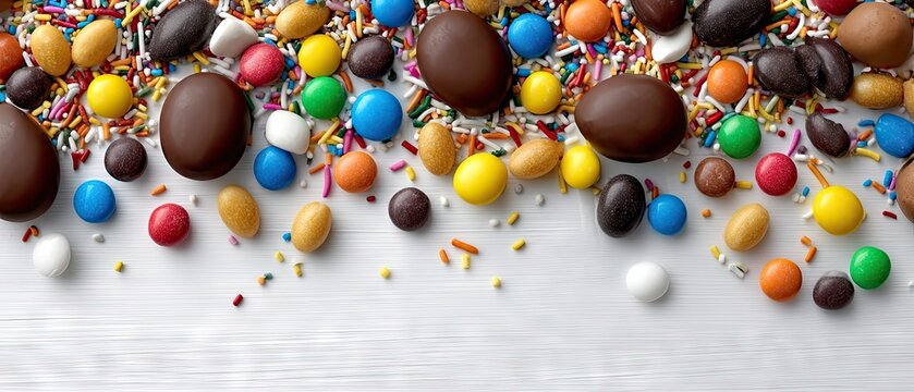 Colorful Easter chocolate eggs and candies on a white wooden table with sprinkles and ample copy space for festive messages