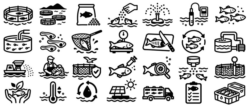 Aquaculture line icon set with fish farming equipment