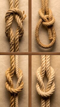 Collage of four different rope knots on beige background, rustic texture