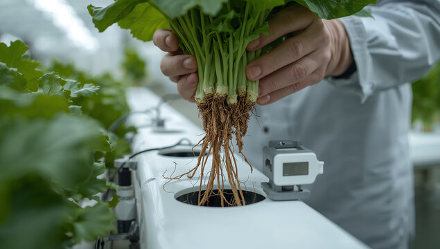 水耕栽培の装置から根の長い葉野菜を持ち上げる手