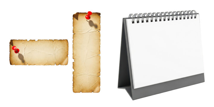 Old rustic paper notes with red pins and blank desktop desk calendar
