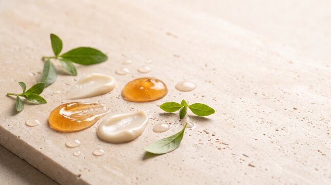 Abstract Amber Gel and Cream Textures for Beauty Advertising.
Glossy amber gel, ivory cream, and botanical leaves in a minimalist beauty composition.