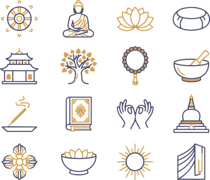Buddhism and meditation linear icon set with dharmachakra buddha lotus cushion temple bodhi tree prayer beads singing bowl incense scripture mudra stupa vajra vector.