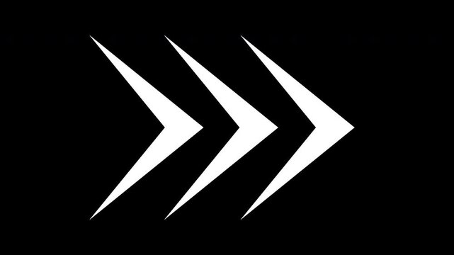 Three solid white arrowheads thrust forward and retreat in staggered rhythm, creating a bold directional motion graphic, high quality video footage for navigation and interface design