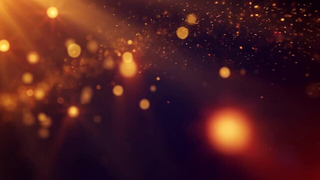 Golden bokeh lights and sparkling particles floating on dark background