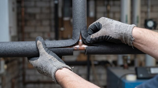 Gloved hands installing foam insulation on copper pipe joint