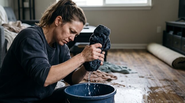 Woman wringing wet black cloth over bucket during indoor ceiling leak repair in living room