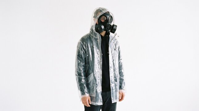 A person in a full-face gas mask and a transparent plastic raincoat; a minimalist concept of an environmental catastrophe and a biological hazard