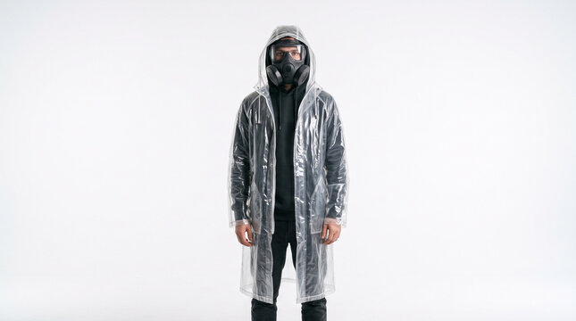 A person in a full-face gas mask and a transparent plastic raincoat; a minimalist concept of an environmental catastrophe and a biological hazard