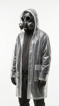 A person in a full-face gas mask and a transparent plastic raincoat; a minimalist concept of an environmental catastrophe and a biological hazard