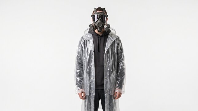 A person in a full-face gas mask and a transparent plastic raincoat; a minimalist concept of an environmental catastrophe and a biological hazard