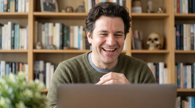 Joyful adult man laughing during remote work session at laptop in cozy home office, surrounded by bookshelves and warm indoor decor