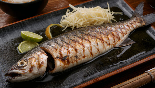 柑橘と千切り野菜を添えた丸ごとの焼き魚