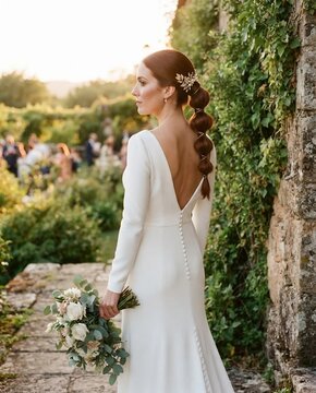 Hermosa novia con un ramo floral en las manos contemplando el horizonte durante la celebraci&oacute;n de su enlace matrimonial en un id&iacute;lico jard&iacute;n rural rodeado de vegetaci&oacute;n y luz c&aacute;lida. Peluquer&iacute;a nupcia