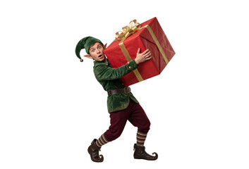 Obraz na płótnie Canvas Christmas elf carrying a large red gift box