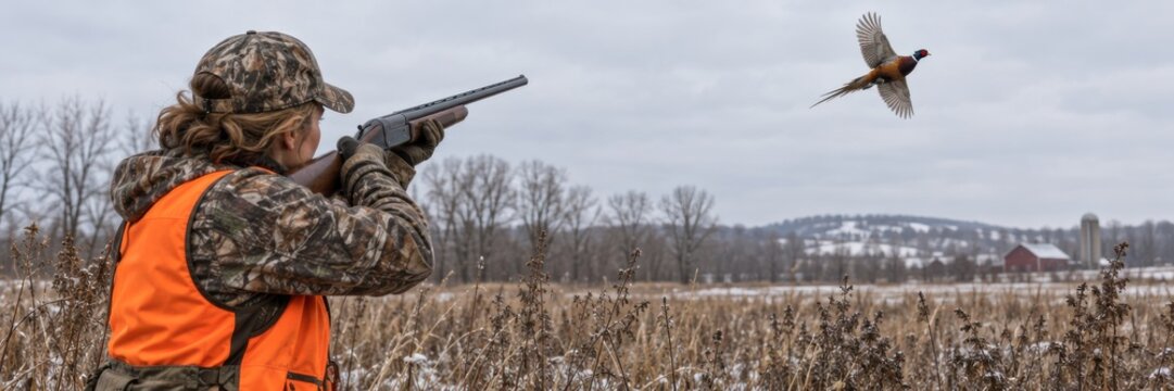 Hunter in camouflage and orange vest aiming shotgun at flying pheasant over winter field