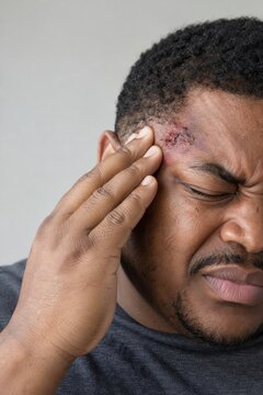 Man touching painful forehead abrasion with grimace after head injury close-up portrait