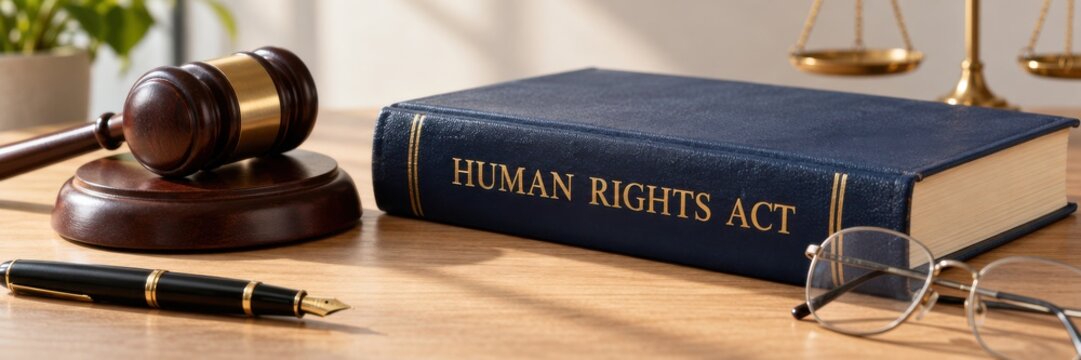 Human Rights Act law book with gavel, scales, glasses and pen on wooden desk