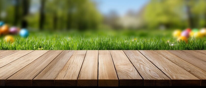 Colorful easter eggs on green grass with wooden flooring creates a joyful spring background for text or product presentation