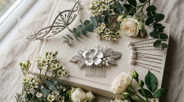 Accesorios nupciales plateados con tiara, peineta de flor y horquillas de perlas, acompa&ntilde;ados por delicadas rosas blancas y follaje verde natural sobre una caja y lino. Joyer&iacute;a nupcial para bodas