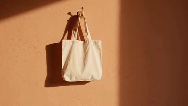 A white cotton tote bag hangs on a golden hook against a beige wall. This time-lapse captures sunlight and geometric shadows shifting across the textured surface as the time passes.