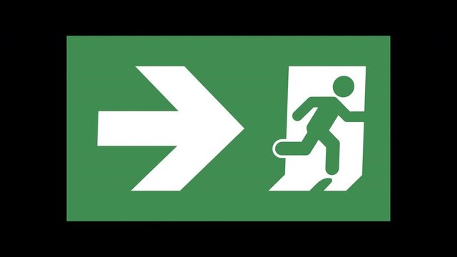 Green emergency exit sign shows a bold right arrow beside a running person featuring safety direction sign building escape motion graphics for commercial media project, high quality video footage