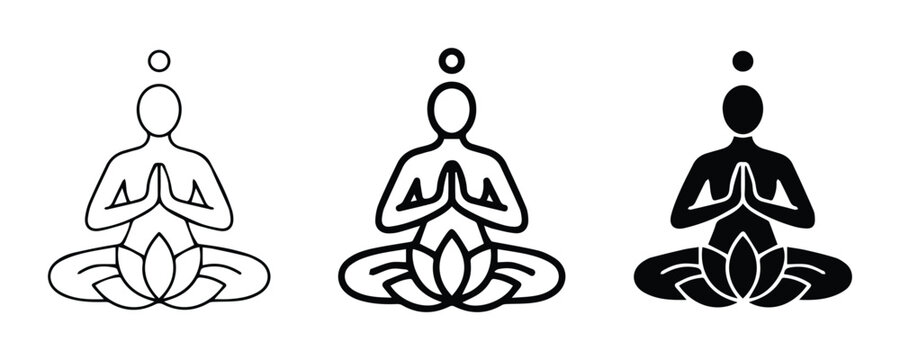 Yoga pose silhouettes and icon with lotus flower for meditation and relaxation logo