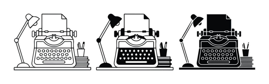 Typewriter and desk lamp set with paper and pens for writing, office and business