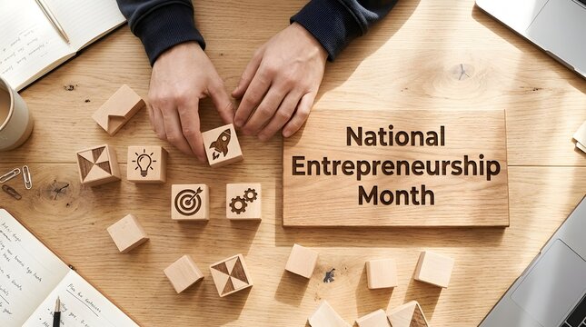National Entrepreneurship Month sign with wooden blocks on a desk for business planning