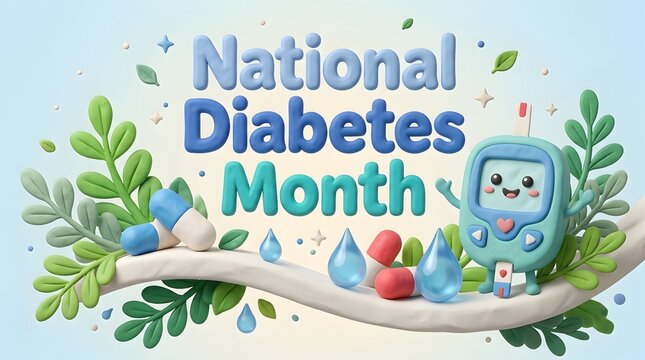 National Diabetes Month text with cute glucose meter and pills on light background
