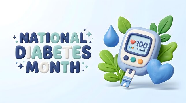 National Diabetes Month text with glucose meter and heart on blue background