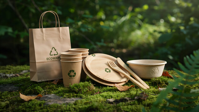 Biodegradable disposable tableware with cups, plates, and cutlery set on green moss background.